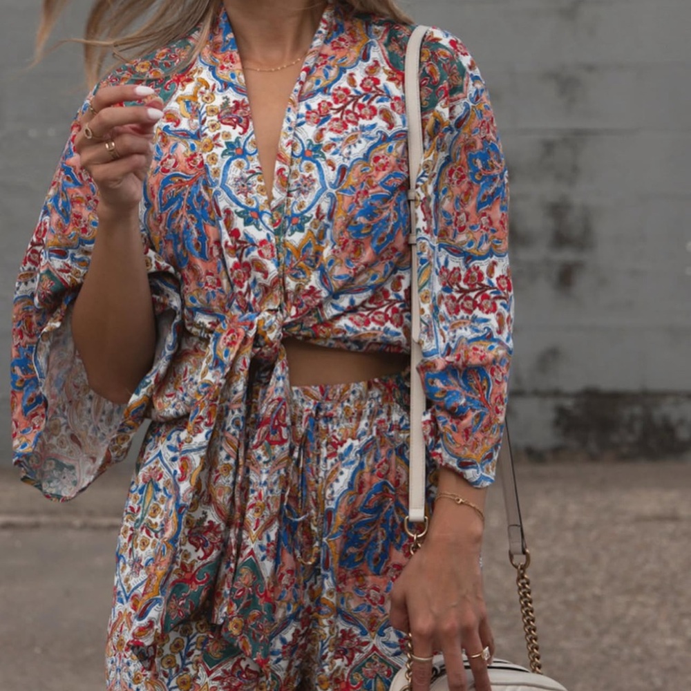 Colorful Floral Kimono Top and Short Set by Lavender Brown